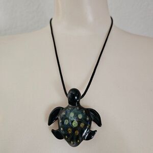 Handmade Art Glass Sea‎ Turtle Honeycomb Pendant Medallion Necklace Black Cord